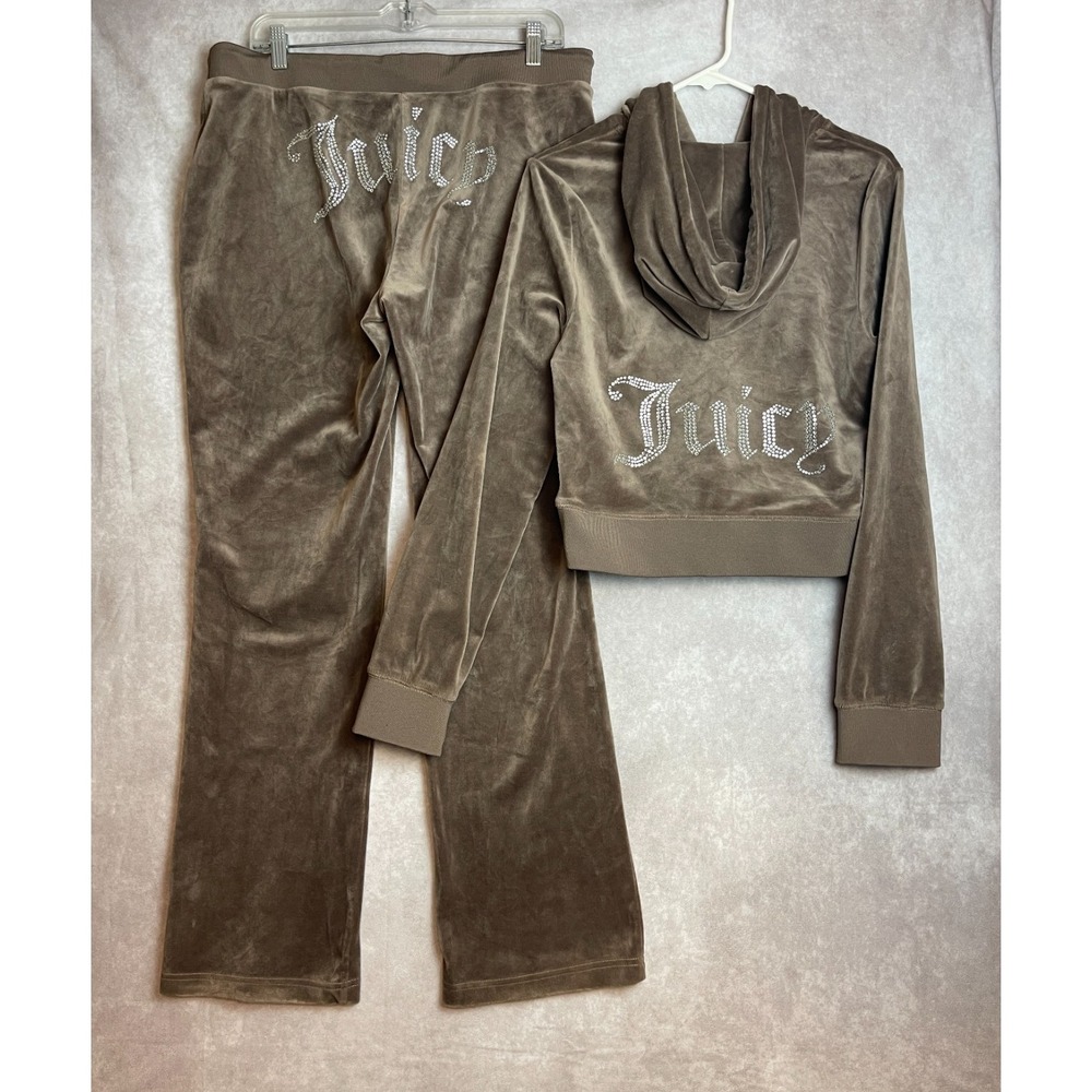 Juicy Couture Tracksuit Womens Large / XL Velour Brown Hoodie Pant Set Casual